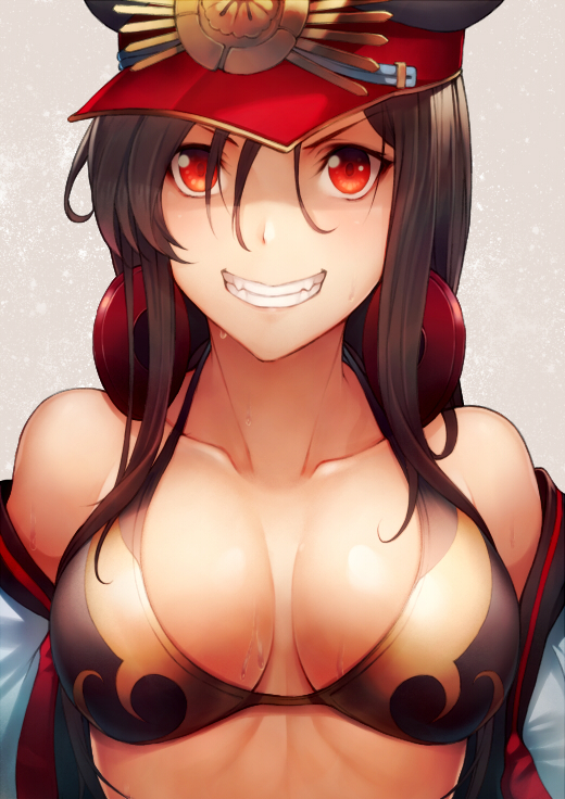 :d banned_artist bare_shoulders black_bikini_top black_hair breasts breasts_apart cape collarbone commentary_request fate/grand_order fate_(series) hair_between_eyes hat headphones headphones_around_neck jacket kyoeiki long_hair looking_at_viewer medium_breasts oda_nobunaga_(fate) oda_nobunaga_(swimsuit_berserker)_(fate) open_mouth peaked_cap red_cape red_eyes smile solo upper_body wet