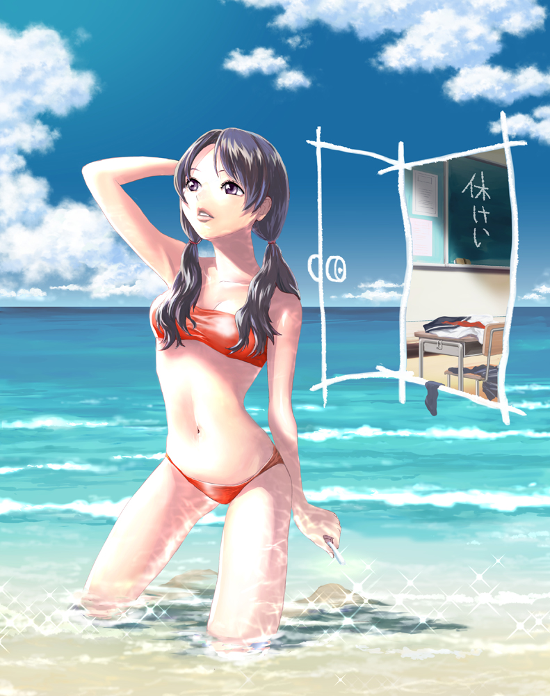 bandeau bangs beach bikini black_eyes black_hair chair chalk chalkboard classroom clothes_removed cloud day desk door full_body kneeling lips looking_up low_twintails navel non_(6nezuuyamar9) ocean original outdoors parted_bangs parted_lips partially_submerged red_bikini school_desk school_uniform sky solo sparkle swimsuit twintails water