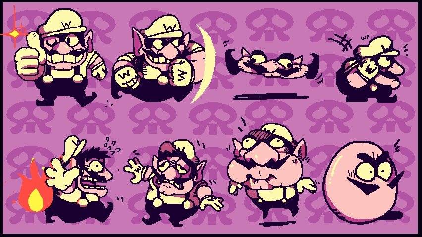 1boy black_overalls cleft_chin facial_hair gloves grin hat mangoso multiple_views mustache one_eye_closed overalls purple_background shirt smile thumbs_up wario wario_land wario_land_ii white_gloves white_hat white_shirt