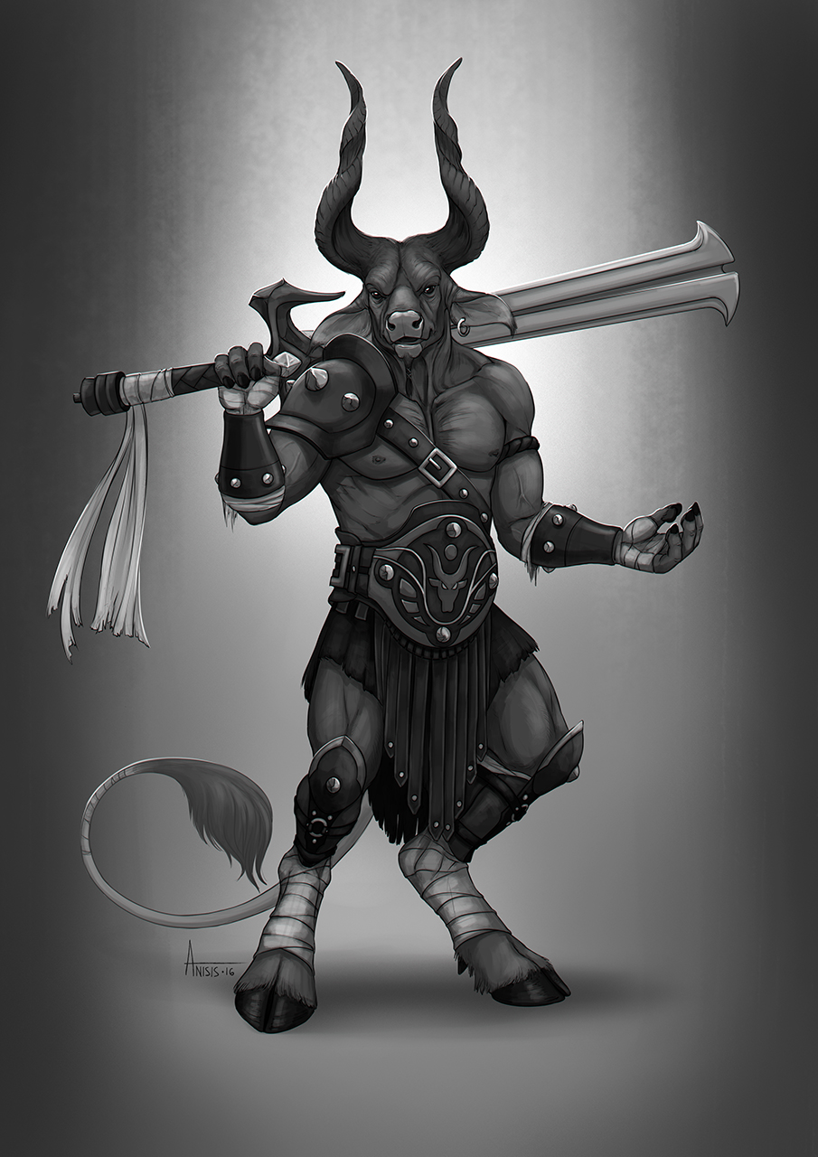2016 4_fingers anisis bovine curved_horn digital_media_(artwork) ear_piercing holding_object holding_weapon horn male mammal minotaur piercing solo standing weapon