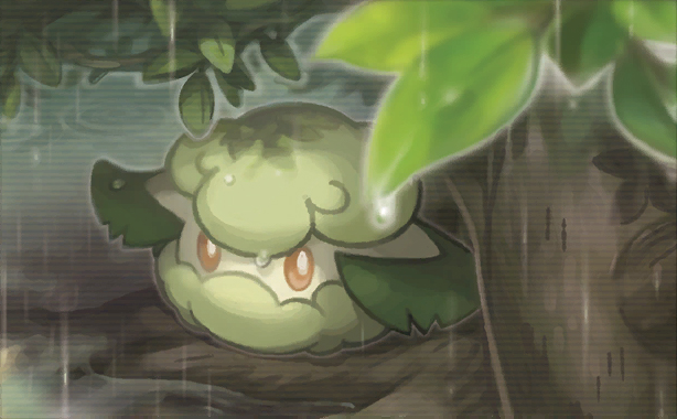 2017 ambiguous_gender beady_eyes cottonee depth_of_field digital_drawing_(artwork) digital_media_(artwork) flora_fauna full-length_portrait leaf looking_at_viewer megumi_mizutani nintendo not_furry nude official_art orange_eyes outside plant pok&eacute;mon pok&eacute;mon_(species) pok&eacute;mon_tcg portrait raining solo tree video_games water wet