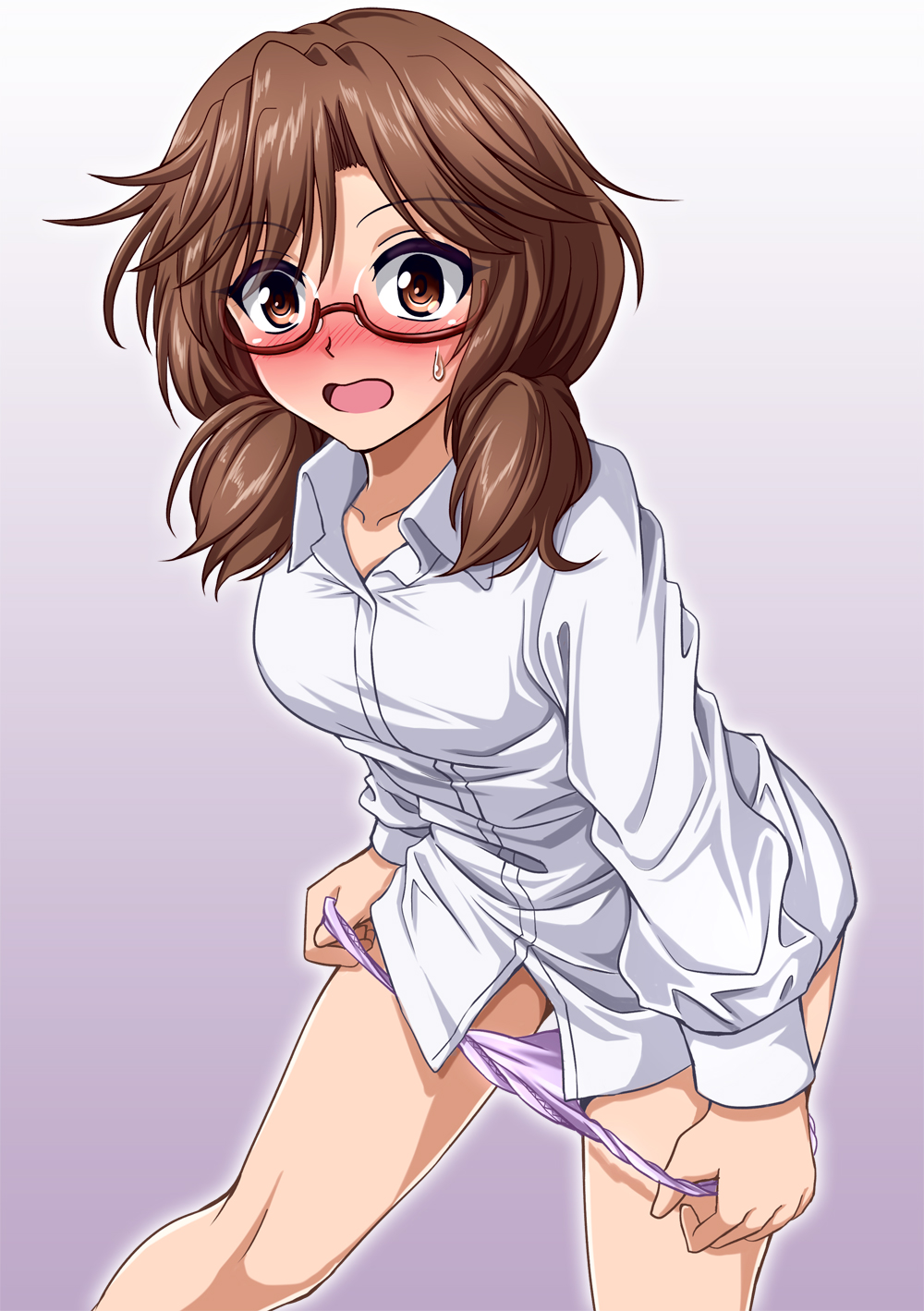 bangs brown_eyes brown_hair commentary cowboy_shot dress_shirt embarrassed eyebrows_visible_through_hair glasses gradient gradient_background highres leaning_forward long_sleeves low_twintails no_pants panties panty_pull pulled_by_self purple_background purple_panties red-framed_eyewear semi-rimless_eyewear shirt solo sweatdrop touhou twintails under-rim_eyewear underwear usami_sumireko white_shirt wing_collar zanntetu