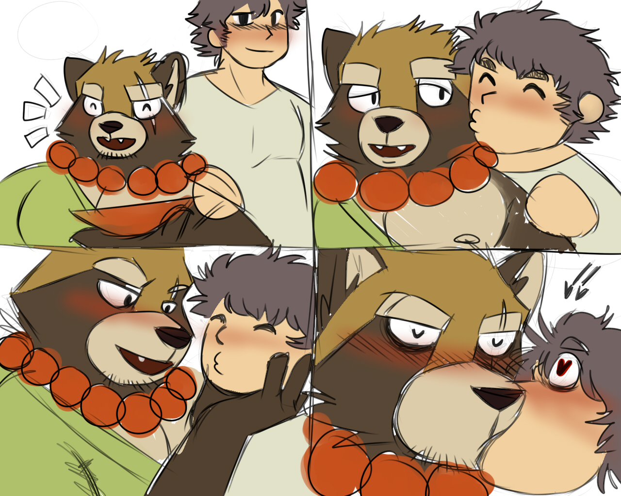 2018 anthro blush canine duo eyes_closed gyobu kissing male male/male mammal nipples overweight overweight_male scar tanuki tokyo_afterschool_summoners