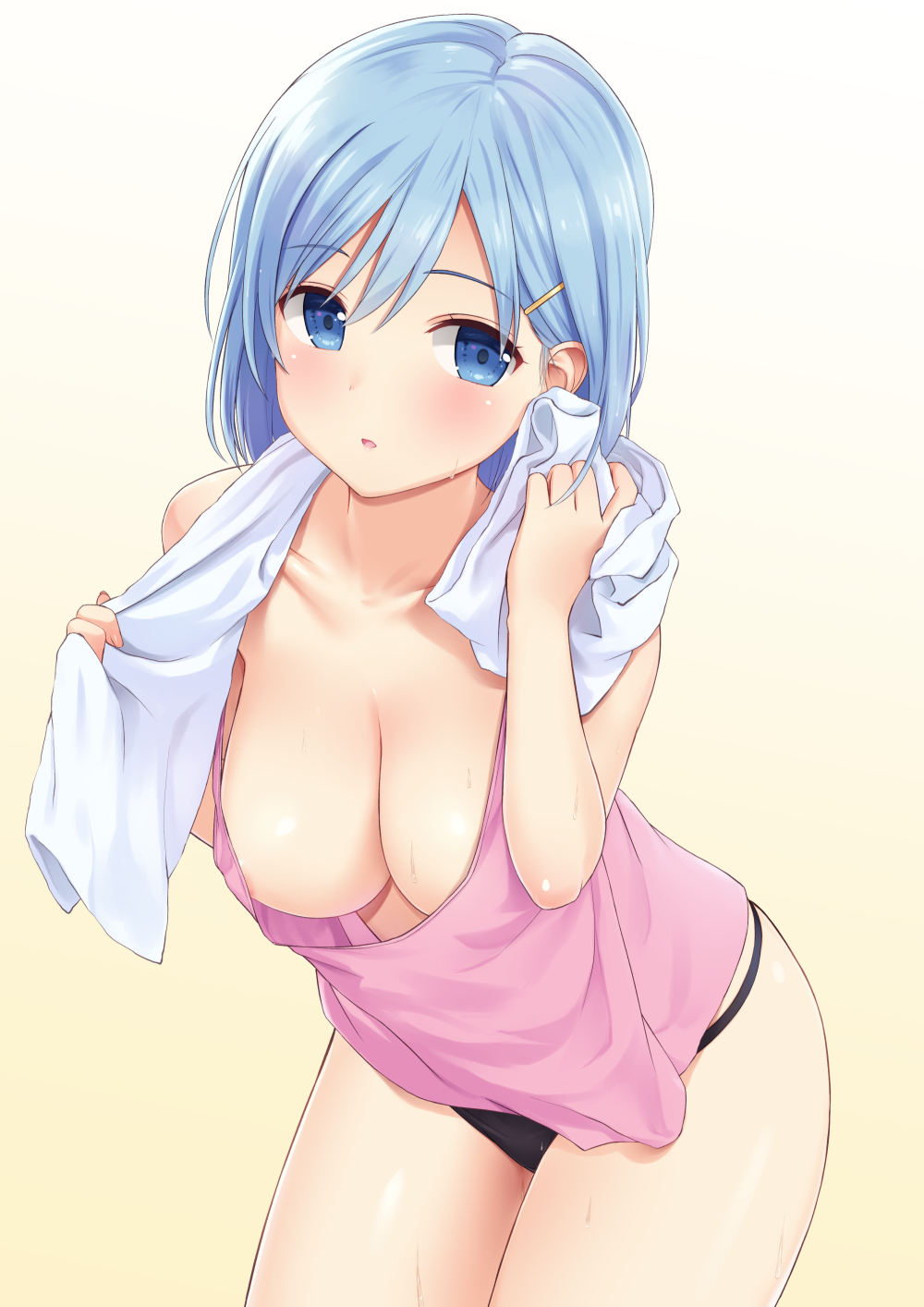 areola_slip areolae bangs banned_artist bare_shoulders black_panties blue_eyes blue_hair blush bob_cut breasts cleavage collarbone commentary downblouse eyebrows_visible_through_hair hair_ornament hairclip highres holding holding_towel large_breasts leaning_forward n.g. nipple_slip nipples no_bra open_mouth original oversized_clothes panties pink_tank_top short_hair simple_background solo standing tank_top towel underwear wet white_towel