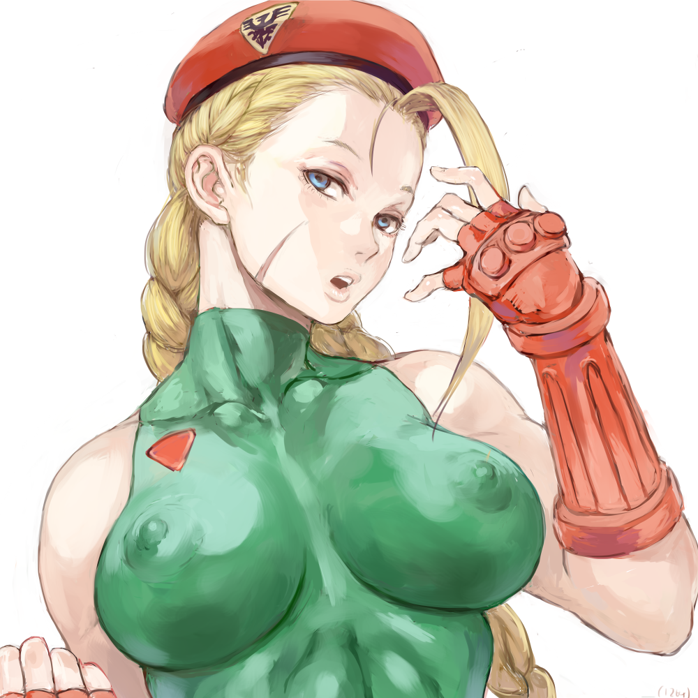 abs antenna_hair arm_up bare_shoulders beret blonde_hair blue_eyes braid breasts cammy_white commentary_request covered_collarbone covered_nipples facial_scar fingerless_gloves gloves green_leotard hat head_tilt impossible_clothes impossible_leotard large_breasts leotard lips long_hair looking_at_viewer muscle muscular_female number open_mouth red_gloves red_hat scar scar_on_cheek shu-mai simple_background skin_tight sleeveless solo street_fighter turtleneck twin_braids upper_body white_background