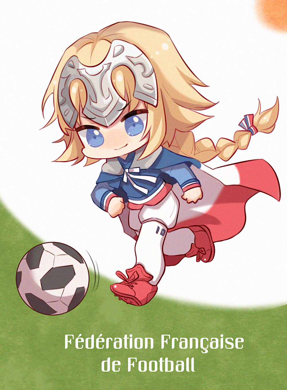 2018_fifa_world_cup ball blonde_hair blue_eyes braid cape chibi chinese_commentary closed_mouth commentary_request fate/grand_order fate_(series) flag france french french_flag headpiece highres jeanne_d'arc_(fate) jeanne_d'arc_(fate)_(all) long_braid long_hair simple_background single_braid smile soccer soccer_ball soccer_uniform solo spirit_(624793092) sportswear telstar_18 translated very_long_hair world_cup