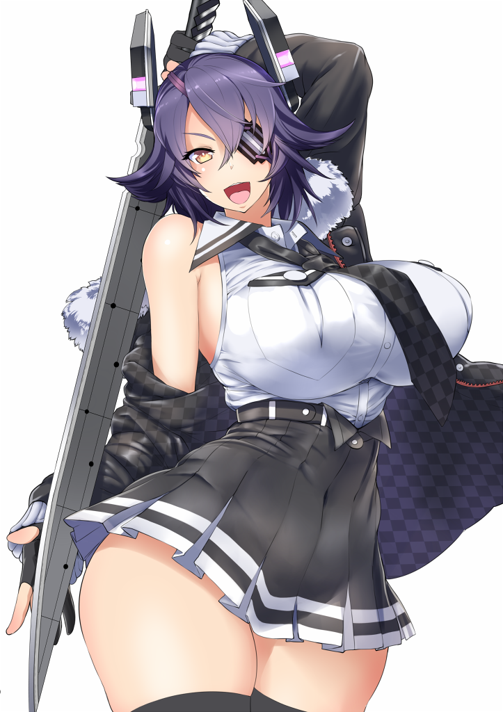 :d black_gloves black_legwear breast_pocket breasts checkered checkered_neckwear commentary_request covered_navel cowboy_shot curvy eyepatch fingerless_gloves fur-trimmed_jacket fur_trim gloves huge_breasts impossible_clothes impossible_shirt jacket kantai_collection long_sleeves looking_at_viewer necktie off_shoulder open_mouth pocket purple_hair remodel_(kantai_collection) shirt short_hair simple_background slender_waist smile solo sword tenryuu_(kantai_collection) thighhighs ueda_torini v-shaped_eyebrows weapon white_background wide_hips yellow_eyes zettai_ryouiki