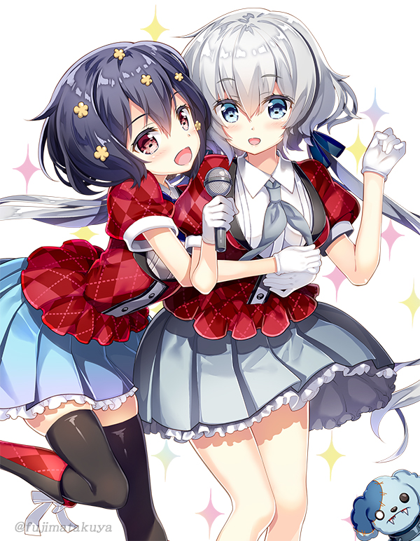 2girls :d bangs black_footwear black_legwear blue_eyes blue_hair blue_ribbon blue_skirt blush boots breasts brown_flower collared_shirt commentary_request eyebrows_visible_through_hair flower fujima_takuya gloves grey_neckwear grey_skirt hair_between_eyes hair_flower hair_ornament hair_ribbon holding holding_microphone hug hug_from_behind jacket knee_boots konno_junko long_hair low_twintails microphone mizuno_ai multiple_girls neckerchief open_mouth plaid_jacket pleated_skirt puffy_short_sleeves puffy_sleeves red_eyes red_jacket ribbon shirt short_sleeves silver_hair simple_background skirt small_breasts smile sparkle standing standing_on_one_leg thighhighs twintails very_long_hair white_background white_gloves white_shirt zombie_land_saga