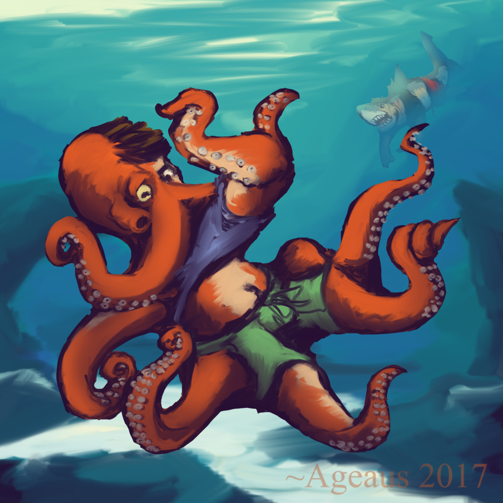 ageaus anthro bulge cephalopod clothed clothing duo fish hair human male mammal marine mollusk octopus open_mouth shark solo_focus species_transformation teeth tentacles transformation underwater water worried