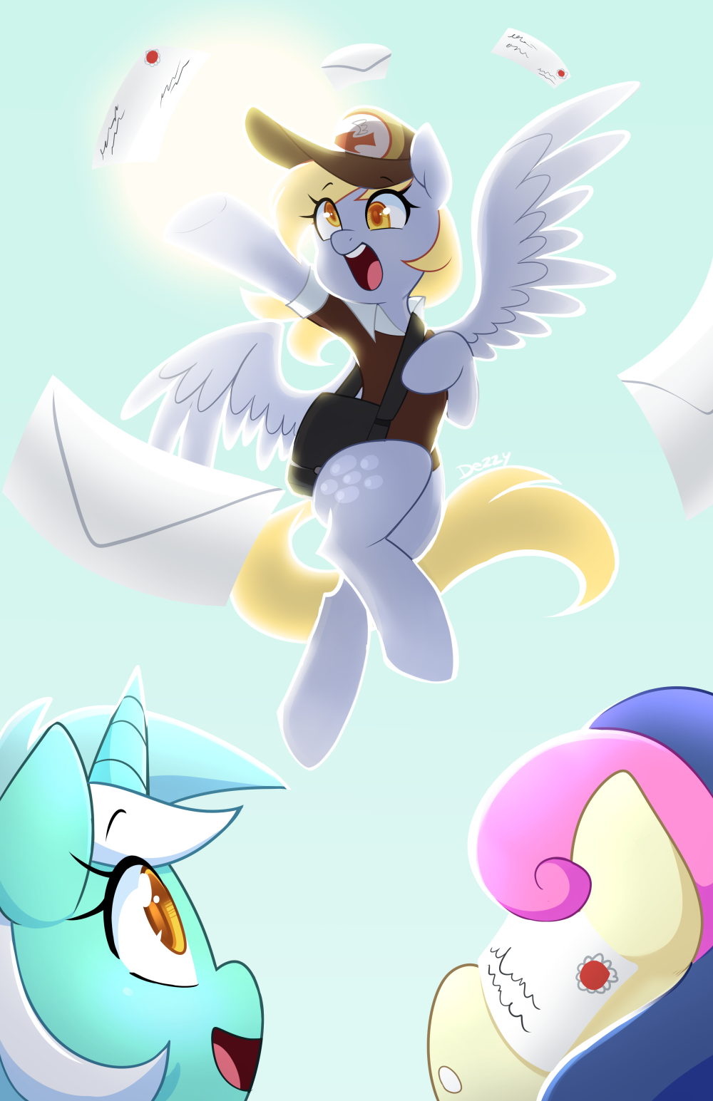 2018 amber_eyes blonde_hair bonbon_(mlp) bottomless clothed clothing cute cutie_mark derp_eyes derpy_hooves_(mlp) earth_pony envelope equine eyebrows eyebrows_visible_through_hair eyelashes feathered_wings feathers female feral flying friendship_is_magic green_hair grey_feathers group hair happy hat hi_res hooves horn horse looking_up lyra_heartstrings_(mlp) mailbag mammal multicolored_hair my_little_pony open_mouth open_smile outside paper pegasus pony purple_hair satchel senseidezzy shirt sky smile sun teeth tongue two_tone_hair unicorn wings yellow_eyes