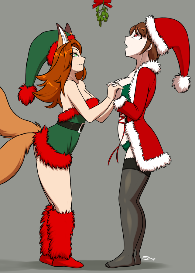 2019 animal_humanoid breasts brown_hair canine canine_humanoid christmas cleavage clothed clothing dress duo elf female female/female fox_humanoid furball green_eyes grey_background hair hand_holding hat holidays humanoid inner_ear_fluff interlocked_fingers legwear looking_up mammal mistletoe multitail open_mouth panties plant red_eyes santa_hat short_hair simple_background skimpy smile stockings thigh_highs underwear