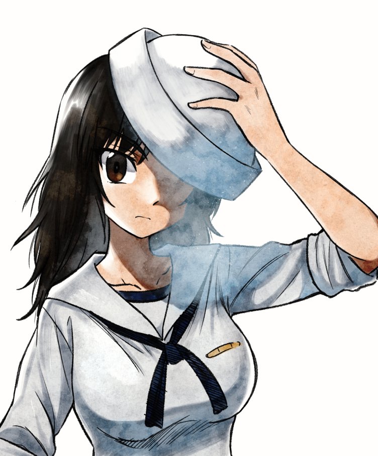 adjusting_headwear bangs black_eyes black_hair black_neckwear blouse closed_mouth commentary dixie_cup_hat frown girls_und_panzer hat hat_over_one_eye long_hair long_sleeves looking_at_viewer meis_(terameisu) military_hat murakami_(girls_und_panzer) neckerchief ooarai_naval_school_uniform sailor sailor_collar school_uniform simple_background sleeves_rolled_up solo standing upper_body white_background white_blouse white_hat