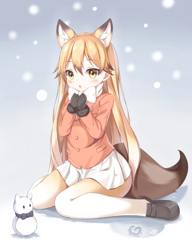 animal_ear_fluff animal_ears black_footwear black_gloves black_neckwear blonde_hair blush bow bowtie buttons commentary_request extra_ears eyebrows_visible_through_hair ezo_red_fox_(kemono_friends) fox_ears fox_tail fur-trimmed_sleeves fur_trim gloves gradient_hair gradient_legwear grey_background hair_between_eyes jacket japari_symbol kemono_friends loafers long_hair long_sleeves looking_at_viewer matsuu_(akiomoi) miniskirt multicolored_hair orange_jacket own_hands_together pantyhose pleated_skirt shoes sitting skirt snow snowing snowman solo tail very_long_hair wariza white_hair white_legwear white_neckwear white_skirt yellow_eyes yellow_legwear