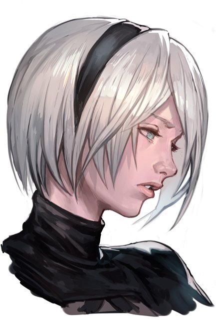 blindfold_removed blue_eyes hairband hankuri looking_down nier_(series) nier_automata parted_lips short_hair simple_background solo upper_body white_background white_hair yorha_no._2_type_b