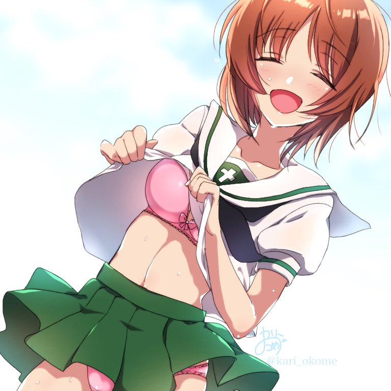 :d artist_name bangs black_neckwear blouse bow bow_bra bra brown_hair closed_eyes cloud cloudy_sky commentary day dutch_angle eyebrows_visible_through_hair facing_viewer girls_und_panzer green_skirt kari_okome lace lace-trimmed_bra lifted_by_self long_sleeves miniskirt navel neckerchief nishizumi_miho ooarai_school_uniform open_mouth outdoors panties pink_bra pink_panties pleated_skirt school_uniform serafuku shirt_lift short_hair signature skirt skirt_lift sky smile solo standing sweat twitter_username underwear white_blouse wind wind_lift