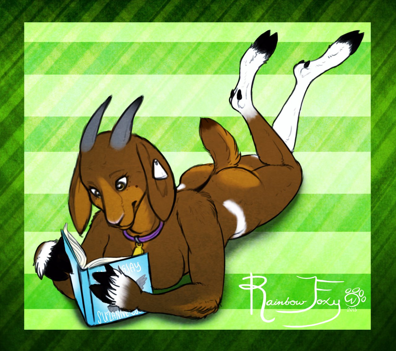 2013 anthro bell bell_collar big_breasts biped black_hooves boer_goat book border bovid breast_rest breasts brown_eyes brown_fur brown_tail butt caprine cloven_hooves collar digital_drawing_(artwork) digital_media_(artwork) digitigrade dipstick_tail domestic_goat ear_tag eyelashes featureless_breasts female floppy_ears full-length_portrait fur goat green_background green_border grey_horn holding_book holding_object hooves horizontal_pupils lighting looking_down lying mammal markings mostly_nude multicolored_fur multicolored_tail muzzle_(marking) naked_collar on_front pattern_background portrait primrose_boer_goat rainbowfoxy raised_leg reading shadow short_tail signature simple_background smile snout solo striped_background two_tone_fur white_fur white_markings