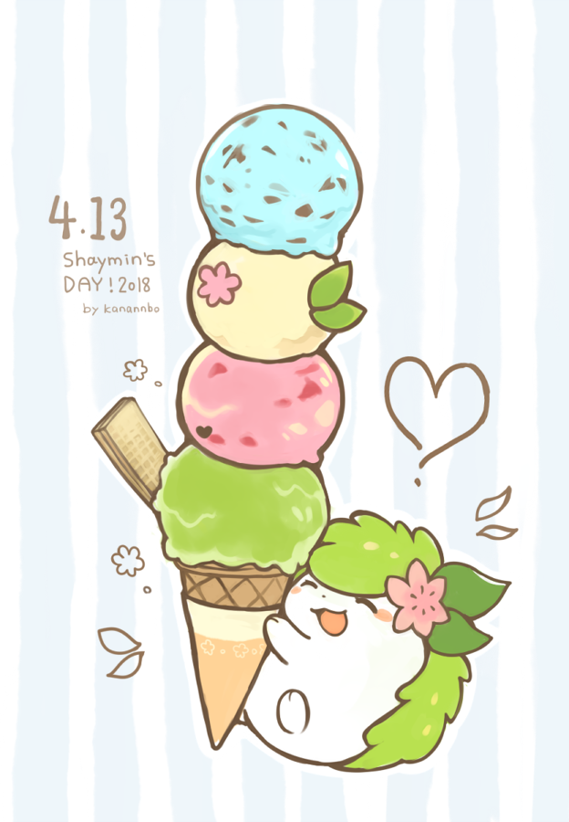 &lt;3 2018 ambiguous_gender dessert eyes_closed feral food ice_cream kanannbo legendary_pok&eacute;mon nintendo open_mouth pattern_background pok&eacute;mon pok&eacute;mon_(species) shaymin shaymin_(land_form) simple_background solo video_games white_background