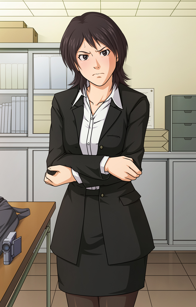 1girl amagami angry bag black_clothes black_eyes black_hair black_skirt blush breasts camera closed_mouth collared_shirt cowboy_shot crossed_arms eyebrows formal highres indoors legs long_sleeves looking_at_viewer matching_hair/eyes negurie pantyhose raised_eyebrows shirt short_hair skirt solo standing suit table takahashi_maya thighs