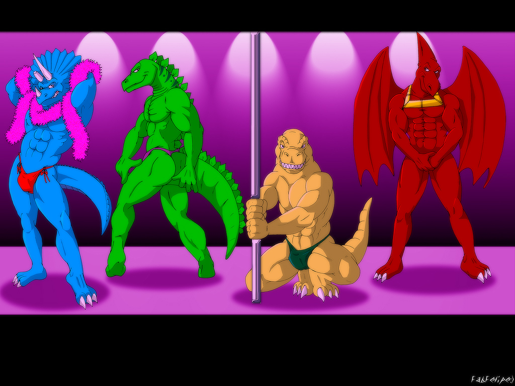 anthro biceps big_muscles blue_body blue_skin broken_horn bullzeye bullzeye_(extreme_dinosaurs) claws dinosaur extreme_dinosaurs fabfelipe green_body looking_at_viewer male muscles paws pecs pole pose pterodactyl red_body reptile sauropod scalie speedo spike spike_(extreme_dinosaurs) stegosaurus stegz stegz_(extreme_dinosaurs) stripper swimsuit t-bone t-bone_(extreme_dinosaurs) theropod triceratops tyrannosaurus_rex yellow_body
