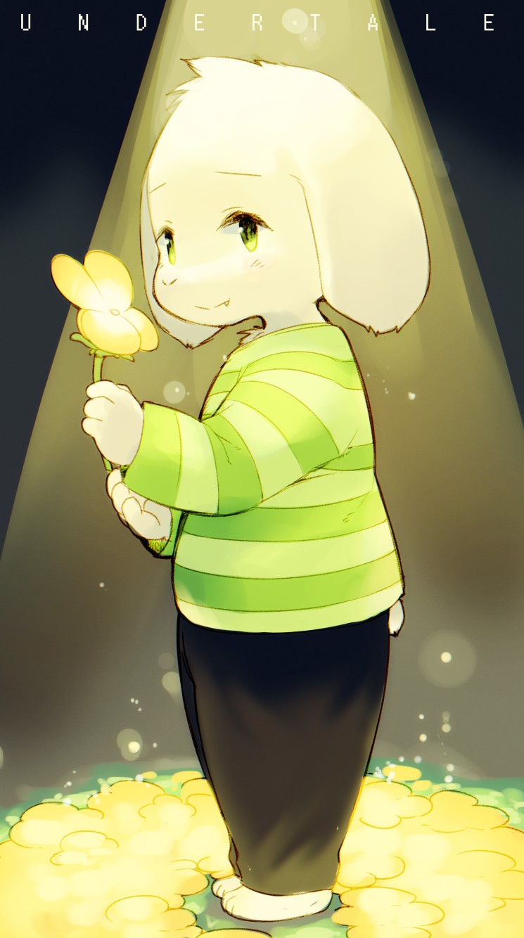 3_toes 4_fingers anthro asriel_dreemurr barefoot boss_monster caprine clothed clothing english_text fangs floppy_ears flower fully_clothed fur goat green_clothing green_eyes head_tuft hi_res holding_object kishibe looking_at_viewer mammal plant short_tail side_view solo text toes undertale video_games white_fur