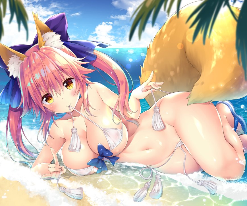 animal_ear_fluff animal_ears bangs bikini blue_bow blue_sky blush bow breasts cleavage cloud cloudy_sky collarbone commentary day eyebrows_visible_through_hair fate/grand_order fate_(series) fox_ears fox_shadow_puppet fox_tail front-tie_top hair_bow horizon large_breasts long_hair looking_at_viewer lying micro_bikini_top mouth_hold navel ocean on_side outdoors palm_tree pink_hair sasorigatame see-through shiny shiny_hair shiny_skin sky swimsuit tail tamamo_(fate)_(all) tamamo_no_mae_(fate) tassel thighs tree twintails untied untied_bikini wet white_bikini yellow_eyes