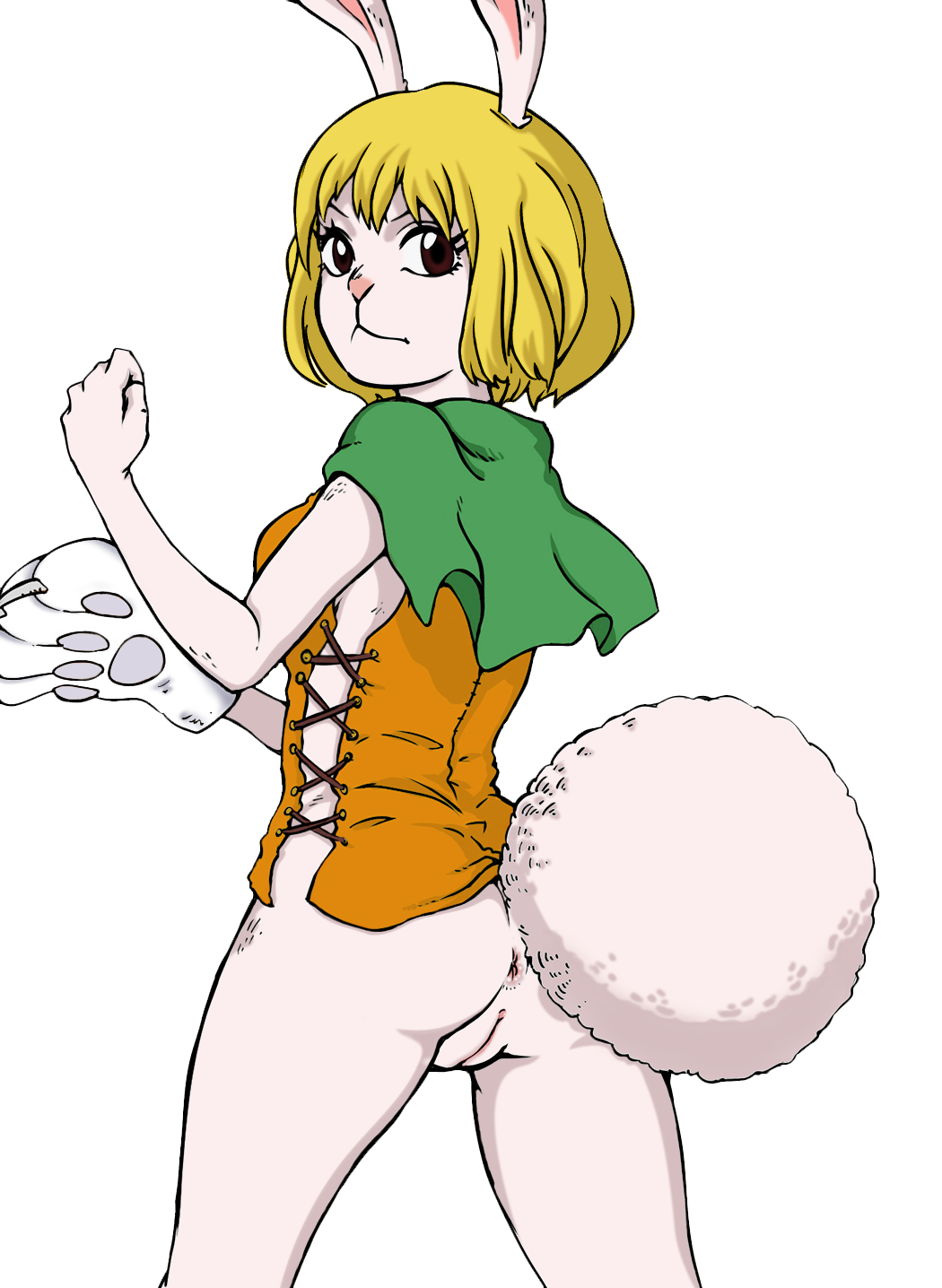 animal_ears anus ass blonde_hair bottomless cape carrot_(one_piece) fist furry glove looking_back no_panties one_piece pussy tail