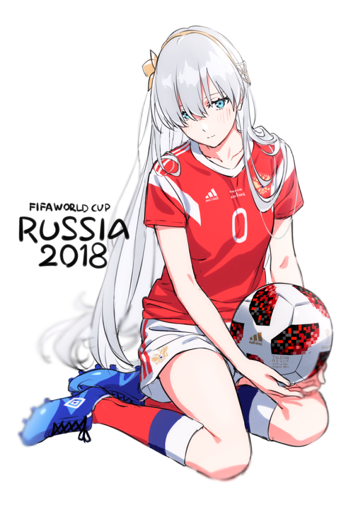2018_fifa_world_cup anastasia_(fate/grand_order) ball blue_eyes blurry clothes_writing commentary_request depth_of_field fate/grand_order fate_(series) grey_hair hairband kinosuke_(sositeimanoga) long_hair looking_at_viewer red_shirt russia shirt shoes shorts sitting sneakers soccer soccer_ball soccer_uniform solo sportswear telstar_18 white_background world_cup yokozuwari