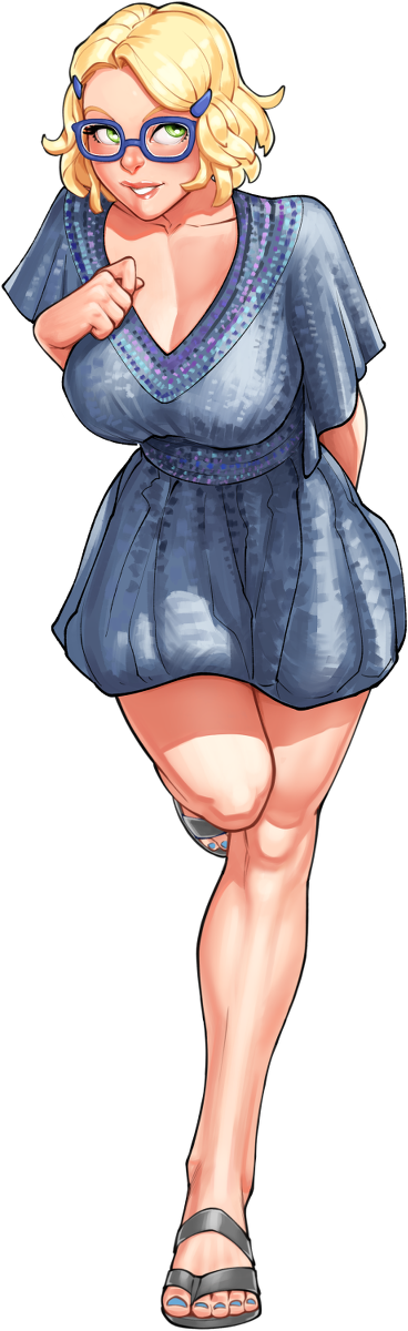 bad_id bad_tumblr_id bangs bbc-chan blonde_hair blue-framed_eyewear blue_dress breasts buck_teeth cleavage commentary dress english_commentary eroge forehead full_body green_eyes hair_ornament hair_pulled_back hairclip highres large_breasts lea_(sylvia) looking_up nose parted_bangs sandals short_hair solo standing standing_on_one_leg sundress sylvia_(game) toenail_polish transparent_background visual_novel