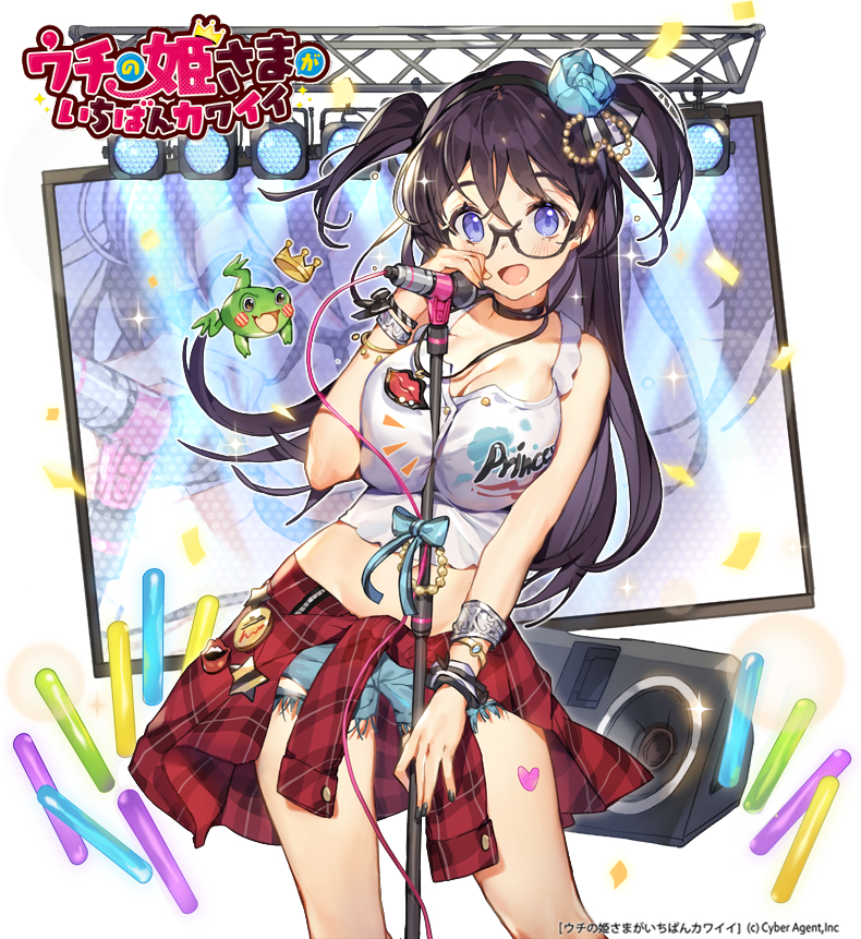 :d badge beads black-framed_eyewear black_choker black_hair blue_eyes blush bracelet breasts button_badge choker cleavage copyright_name crown denim flower frog glowstick hair_beads hair_flower hair_ornament holding holding_microphone idol jewelry large_breasts lips long_hair looking_at_viewer microphone microphone_stand official_art open_mouth plaid short_shorts shorts smile solo speaker stage_lights standing television_screen two_side_up uchi_no_hime-sama_ga_ichiban_kawaii watermark whoisshe wristband zipper zoom_layer