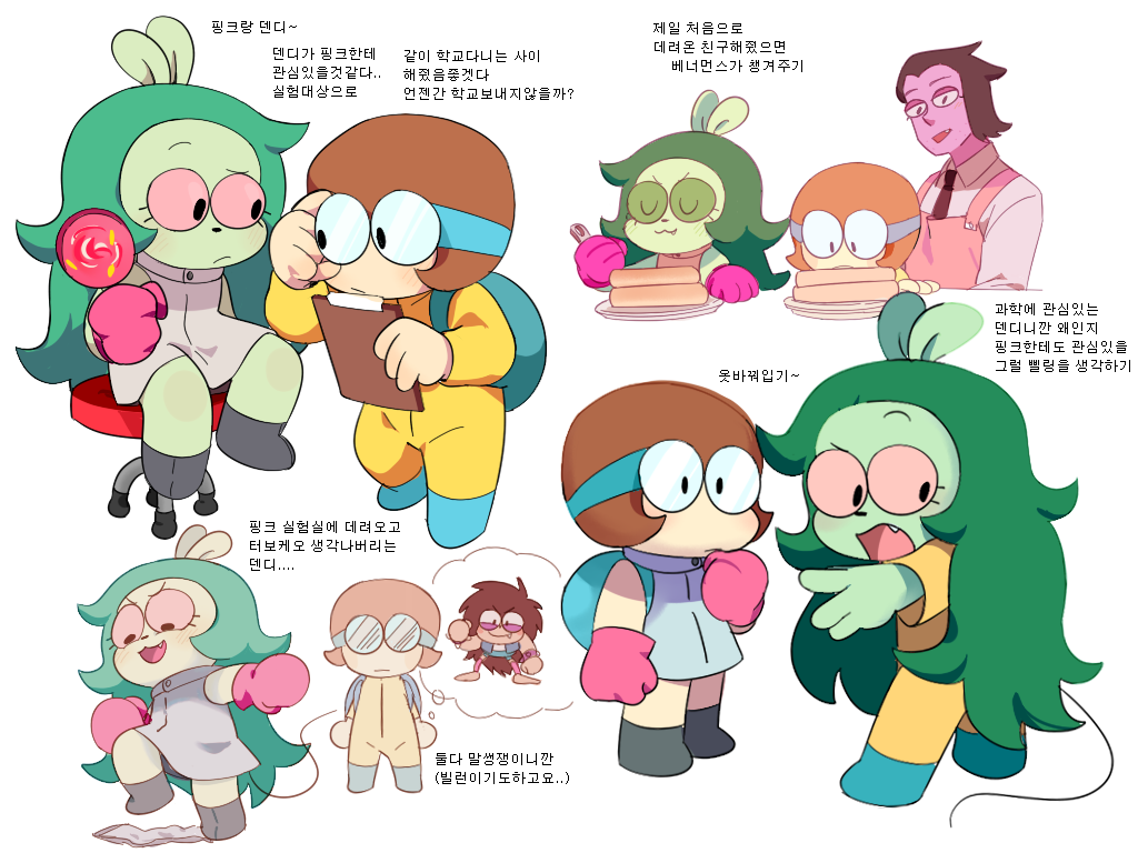 750312 anthro backpack black_eyes black_nose brown_hair cartoon_network clothed clothing dendy_(ok_k.o.!_lbh) eyewear female fink_(ok_k.o.!_lbh) food fur gloves goggles green_fur green_hair green_skin group hair human kappa korean_text long_hair male mammal mouse ok_k.o.!_let's_be_heroes pancake professor_venomous purple_skin rodent short_hair simple_background text thin_tail translation_request turbo_k.o. young