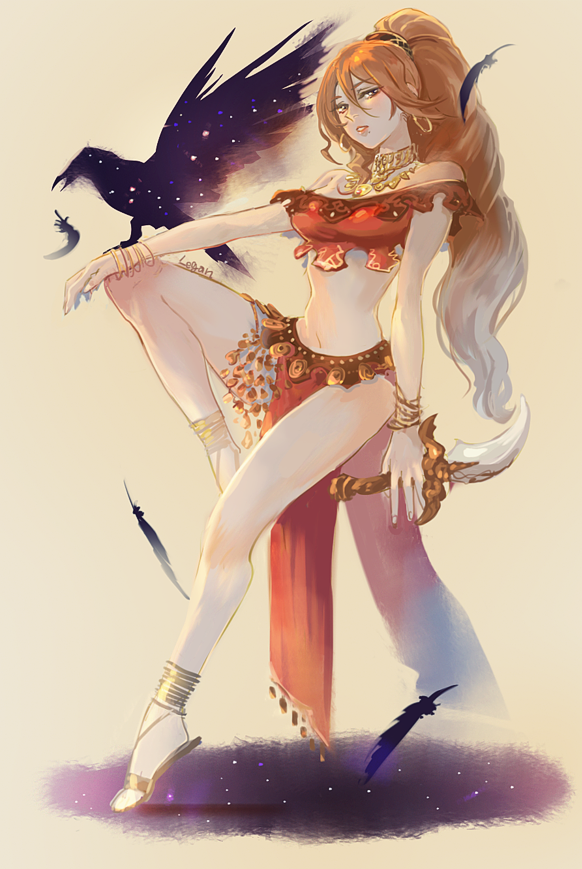 anklet armlet armpits bracelet breasts brown_hair circlet dancer e_f_regan826 earrings full_body harem_outfit jewelry knife long_hair looking_at_viewer midriff navel necklace octopath_traveler primrose_azelhart simple_background solo weapon