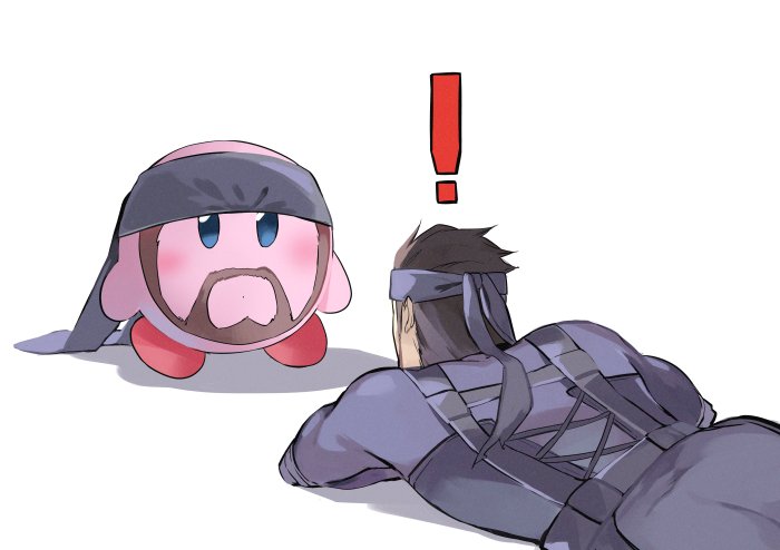 1boy 1other bandanna copy_ability facial_hair gloves headband kirby kirby_(series) male_focus metal_gear_(series) metal_gear_solid metal_gear_solid_2 mustache nintendo oboro_keisuke short_hair simple_background sneaking_suit solid_snake super_smash_bros. white_background