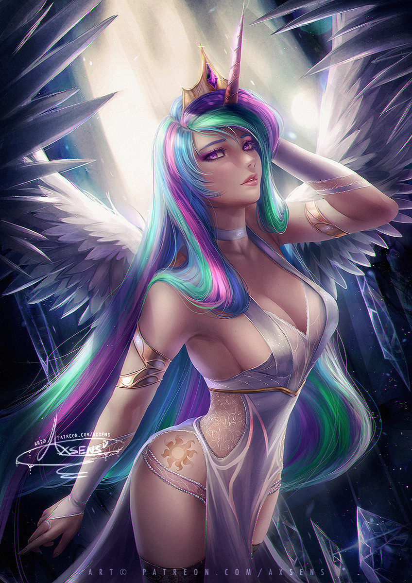 alexandra_mae banned_artist blue_hair breasts celestia_(my_little_pony) cleavage crown cutie_mark green_hair highres horn large_breasts long_hair multicolored_hair my_little_pony my_little_pony_friendship_is_magic personification pink_hair purple_eyes purple_hair solo translucent_dress very_long_hair wings