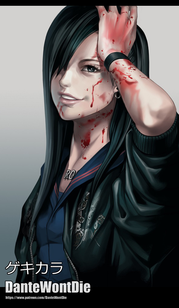 akb48 artist_name asian banned_artist black_eyes black_hair black_serafuku blood chinese_commentary commentary_request earrings gekikara_(majisuka_gakuen) gradient gradient_background hair_over_one_eye hand_on_own_head jacket jewelry lips long_hair majisuka_gakuen multiple_piercings patreon_username realistic school_uniform serafuku sleeves_pushed_up smile solo straight_hair teeth upper_body watermark web_address wristband yinan_cui