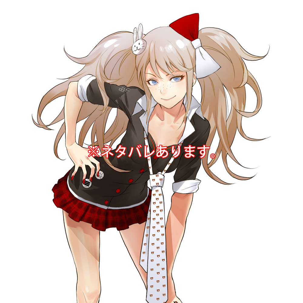 1girl bare_arms bare_legs black_bra black_shirt blonde_hair blue_eyes bow bra breasts bunny_hair_ornament cleavage closed_mouth collarbone danganronpa danganronpa_1 enoshima_junko feet_out_of_frame fingernails freckles hair_ornament hand_on_hip hand_on_own_knee ikusaba_mukuro long_hair medium_breasts miniskirt nail_polish necktie open_eyes red_nails red_skirt redjuice school_uniform shirt simple_background skirt sleeves_rolled_up smile solo standing translation_request twintails underwear white_background white_neckwear