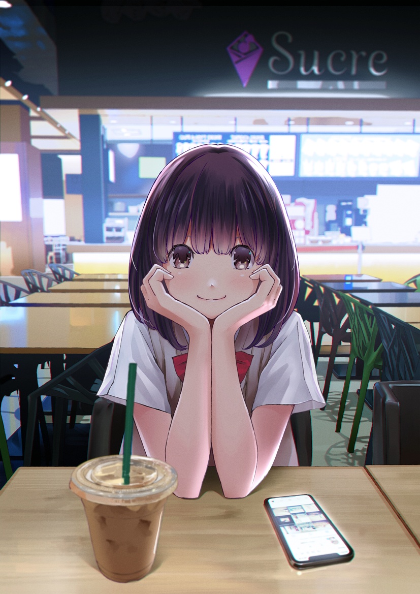 arm_support bangs blush bow brown_eyes brown_hair cellphone chair chikuwa_(odennabe) chin_rest closed_mouth commentary cup disposable_cup drinking_straw french hair_between_eyes indoors long_hair looking_at_viewer original phone pov_across_table red_bow reflection school_uniform shirt short_sleeves sitting smartphone smile solo sweater_vest table white_shirt