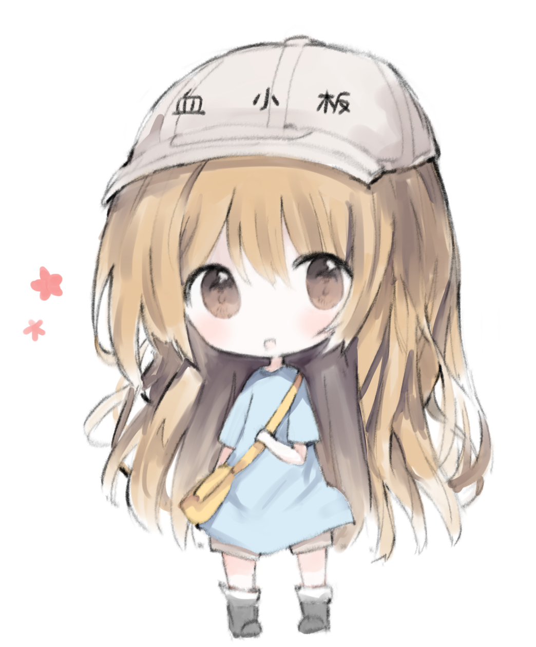 :d bag bangs black_footwear blue_shirt blush boots brown_eyes brown_shorts character_name chibi commentary_request cottontailtokki flat_cap full_body grey_hat hair_between_eyes hat hataraku_saibou highres light_brown_hair long_hair looking_at_viewer open_mouth pigeon-toed platelet_(hataraku_saibou) shirt short_shorts short_sleeves shorts shoulder_bag smile solo standing very_long_hair white_background