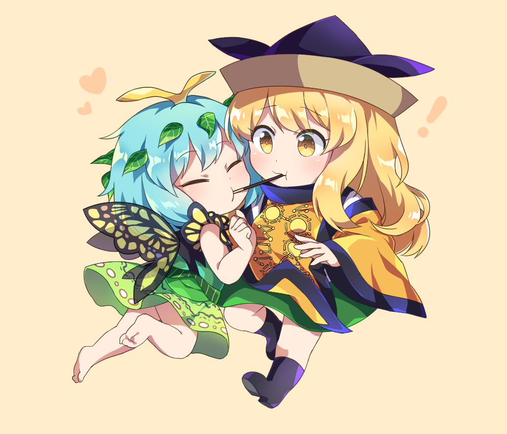 ! 2girls :t antennae bangs barefoot beige_background black_footwear black_hat blonde_hair blush boots butterfly_wings caramell0501 chibi clenched_hand commentary_request detached_sleeves dress eternity_larva eyebrows_visible_through_hair eyes_closed food green_dress green_skirt hand_up hat heart leaf long_hair long_sleeves matara_okina multiple_girls pocky pocky_kiss shared_food shirt short_hair simple_background skirt tabard touhou white_shirt wide_sleeves wings yellow_eyes yuri