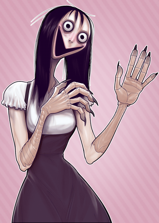 5_fingers :&gt; animal_humanoid animated avian avian_humanoid black_eyes black_hair black_nails claws clothed clothing colored_nails creepy derek_hetrick female front_view fully_clothed hair half-length_portrait humanoid hybrid light_skin long_hair long_nails looking_at_viewer messy_hair momo_(creepypasta) nightmare_fuel open_mouth open_smile overalls pale_skin pink_background portrait simple_background smile solo waving wide_eyed