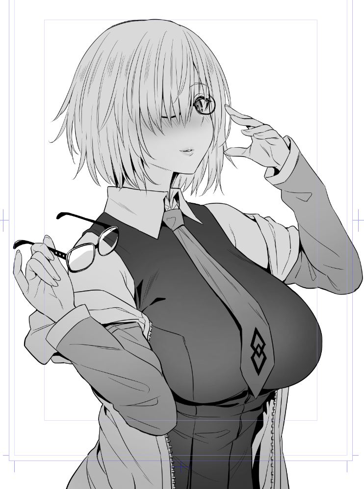 arm_up bangs bare_shoulders blush breasts collared_shirt commentary fate/grand_order fate_(series) glasses greyscale hair_over_one_eye holding holding_eyewear jacket_on_shoulders large_breasts looking_at_viewer mash_kyrielight monochrome necktie parted_lips shirt short_hair sleeveless standing vest zhen_lu