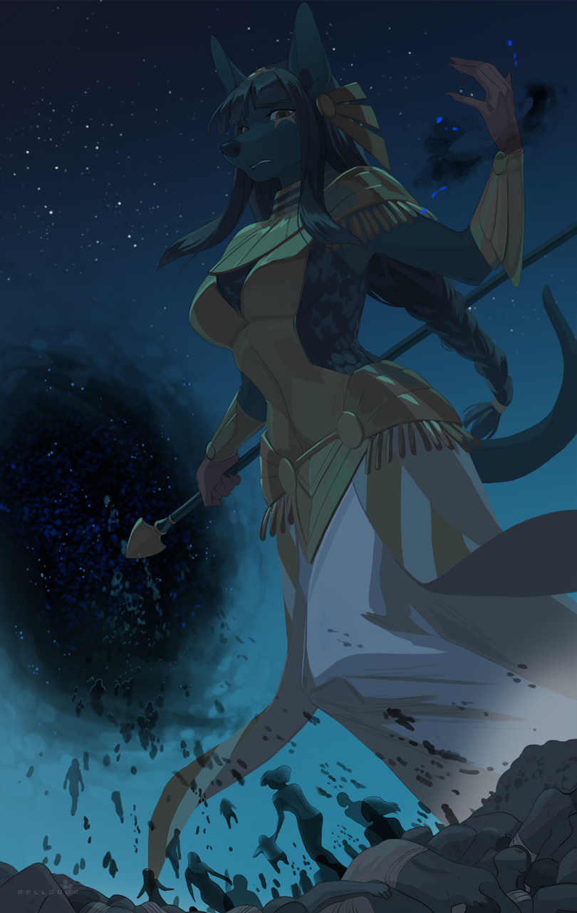 2018 5_fingers afterlife anthro anubian black_hair black_nose bloody_hands braided_hair canine coracroma death digital_media_(artwork) egyptian female hair jackal macro mammal melloque night outside rukhan sad sky souls star starry_sky yellow_eyes