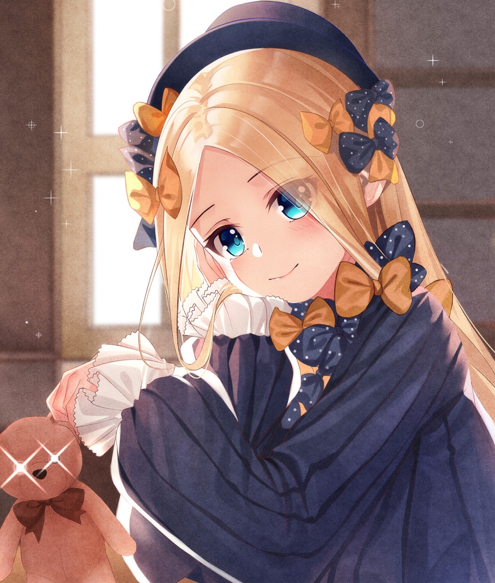 1girl abigail_williams_(fate/grand_order) arm_support bangs black_bow black_dress black_hat blonde_hair blue_eyes blush bow bug butterfly closed_mouth commentary_request day dhfz181 dress eyebrows_visible_through_hair fate/grand_order fate_(series) forehead glowing glowing_eyes hair_bow hat head_tilt indoors insect long_hair long_sleeves orange_bow parted_bangs polka_dot polka_dot_bow sleeves_past_wrists smile solo stuffed_animal stuffed_toy sunlight teddy_bear very_long_hair window