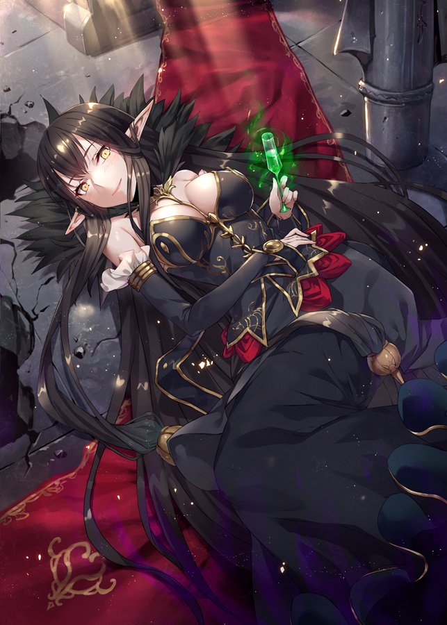 bare_shoulders black_dress black_hair breasts bridal_gauntlets cleavage commentary cup detached_sleeves dress drinking_glass fate/grand_order fate_(series) feathers fur_trim gabiran hair_between_eyes hand_on_hip holding holding_cup indoors large_breasts long_dress long_hair looking_at_viewer lying on_back pointy_ears poison red_carpet semiramis_(fate) smile very_long_hair yellow_eyes