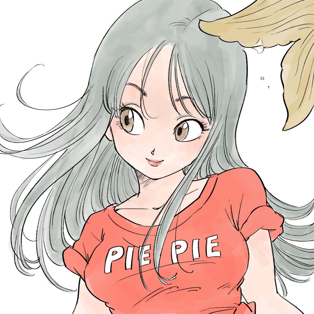 breasts brown_eyes close-up clothes_writing dragon_ball dragon_ball_(classic) eyelashes floating_hair grey_hair happy highres light_smile long_hair looking_away mermaid mermaid_(dragon_ball) monster_girl red_shirt shirt simple_background sleeves_rolled_up smile solo tkgsize upper_body white_background