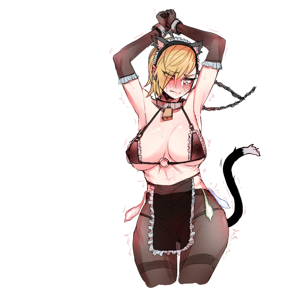 blonde_hair blue_eyes blush breasts condom diablo fishnet_legwear fishnet_top fishnets heroes_of_the_storm johanna_(heroes_of_the_storm) large_breasts maid maid_cap mr.skull nekomimi pant pantyhose short_hair slave tail tattoo