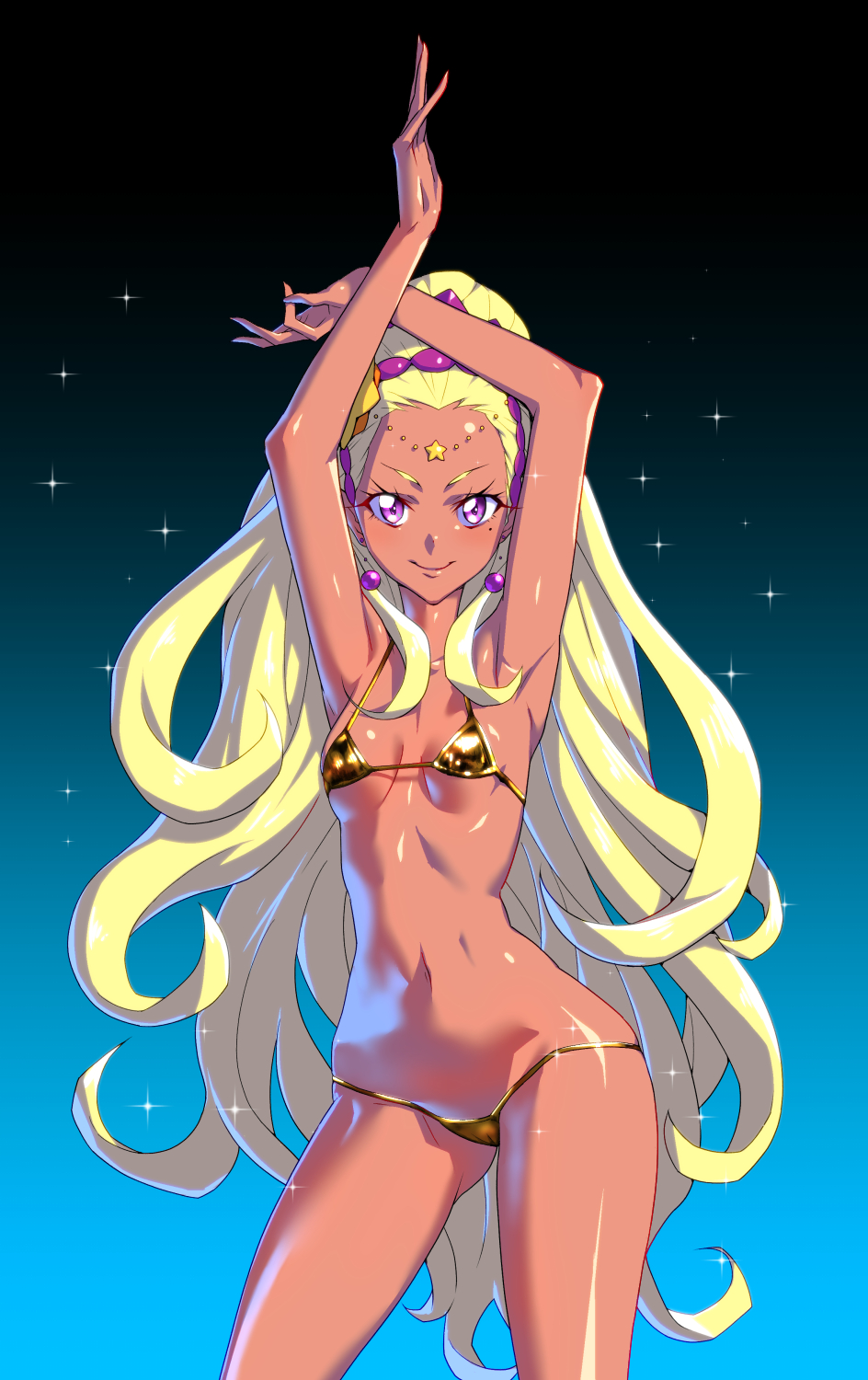 1girl amamiya_erena armpits arms_up bare_shoulders bikini blonde_hair breasts closed_mouth commentary_request cure_soleil dark_skin don_(rg06268) earrings gradient gradient_background hair_ornament highres jewelry long_hair looking_at_viewer micro_bikini navel precure purple_eyes shiny shiny_hair shiny_skin smile solo standing star star_hair_ornament star_twinkle_precure swimsuit yellow_bikini