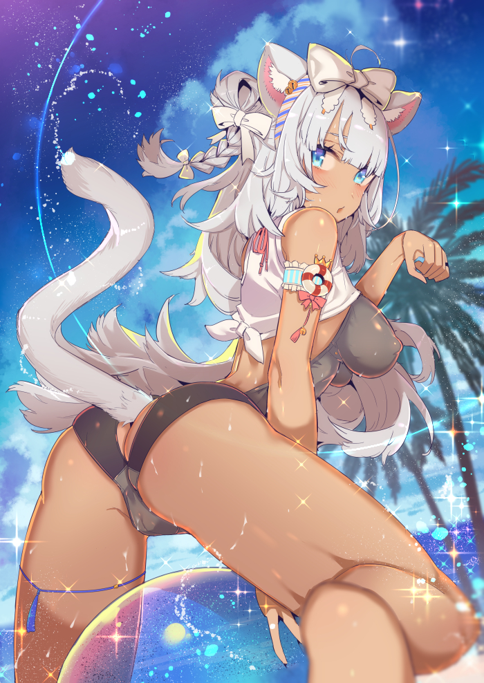 animal_ears ass ass_cutout ball bangs bare_legs bare_shoulders barefoot beachball blue_eyes blurry blurry_foreground braid breasts cameltoe cat_ears cat_girl cat_tail covered_nipples dark_skin depth_of_field from_behind graphite_(medium) hair_between_eyes hair_ornament hair_ribbon hand_up impossible_clothes kemonomimi_mode kneeling light_particles looking_at_viewer medium_breasts night night_sky open_mouth original outdoors palm_tree paw_pose puffy_nipples ribbon shiny shiny_skin silver_hair single_braid sky soles solo tail tajima_ryuushi traditional_media tree