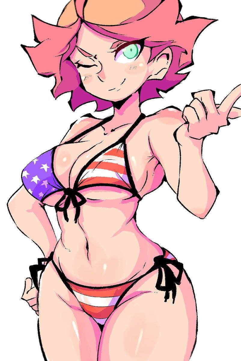 1girl amanda_o'neill american_flag american_flag_bikini american_flag_print artist_request bikini blush breasts brown_hair collarbone flag_print green_eyes groin hand_on_hip highres large_breasts little_witch_academia looking_at_viewer navel one_eye_closed short_hair side-tie_bikini simple_background solo source_request swimsuit swimwear white_background