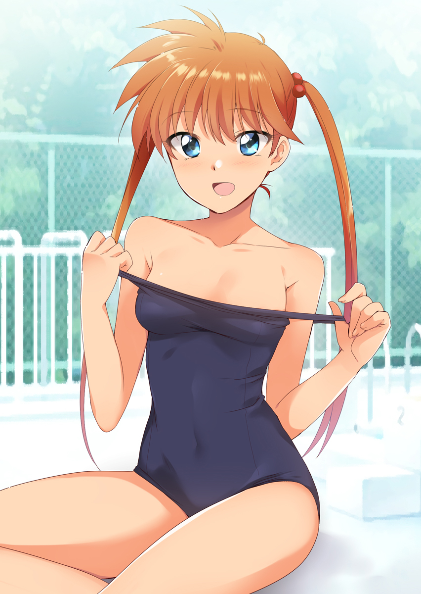 :d bangs bare_arms bare_shoulders blue_eyes blue_swimsuit blurry blurry_background blush breasts chain-link_fence cleavage collarbone commentary_request covered_navel day eyebrows_visible_through_hair fence fingernails hair_between_eyes hair_bobbles hair_ornament hands_up highres inaba_kyouko jigoku_sensei_nube kaiga long_hair looking_at_viewer old_school_swimsuit one-piece_swimsuit open_mouth orange_hair outdoors pool_ladder poolside school_swimsuit shiny shiny_hair sitting small_breasts smile solo strap_pull swimsuit tree twintails yokozuwari