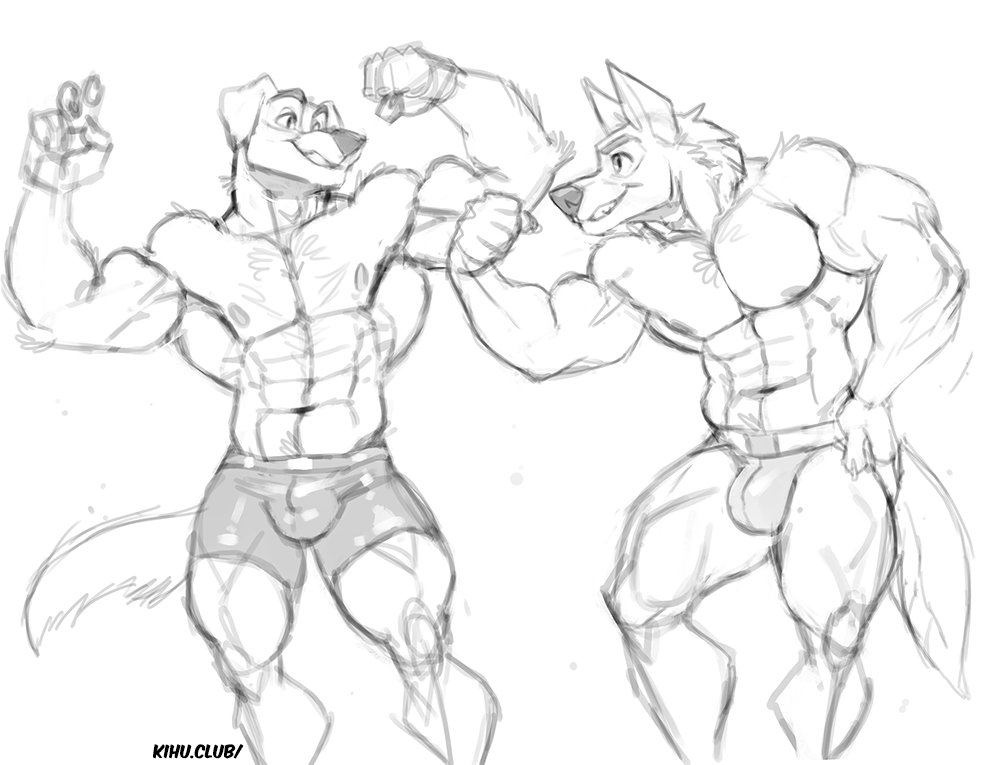 2019 5_fingers abs anthro biceps bulge canine clothed clothing dog duo flexing greyscale jockstrap kihu male mammal monochrome muscular muscular_male navel nipples pecs shorts simple_background topless underwear white_background wolf